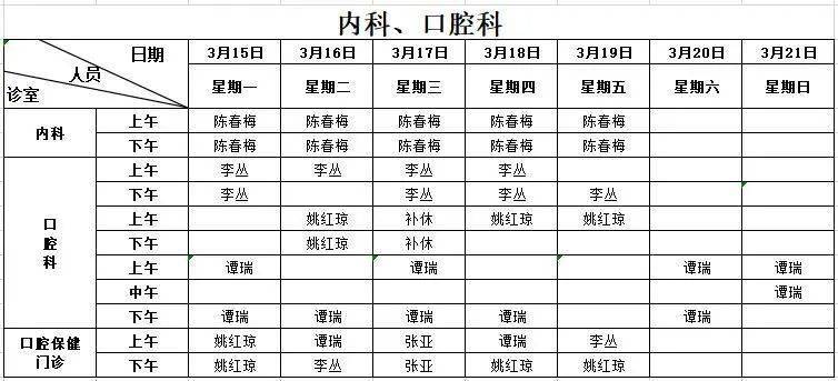 3月15日—3月21日门诊医生值班表