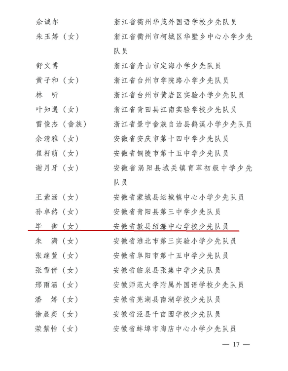 主要事迹歙县绍濂中心学校少先队副大队长 毕御"全国优秀少先队员"一