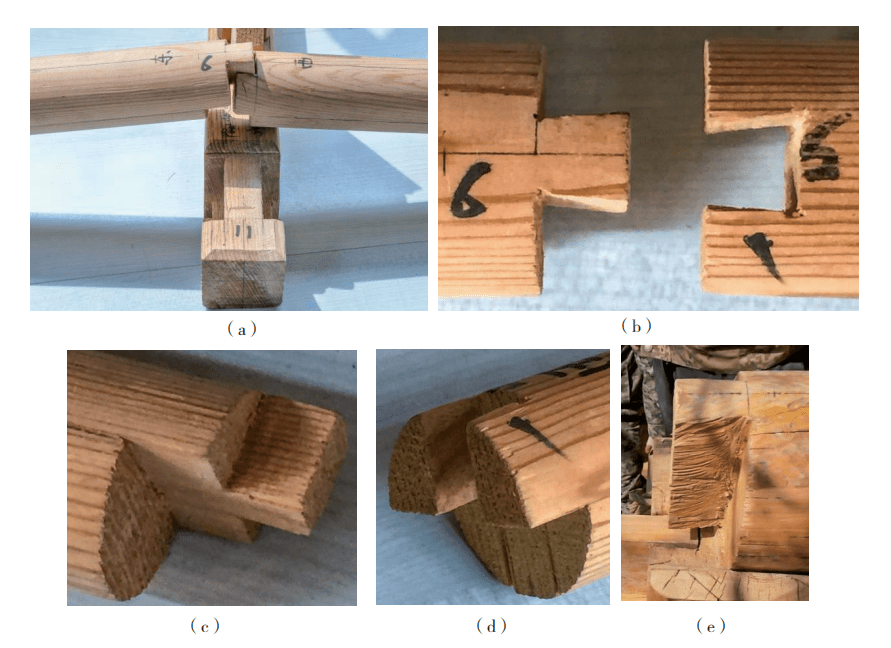 檩(桁)类榫卯:燕尾榫 图(a)～图(d)为梁头刻半燕尾榫;图(e)为通脊檩