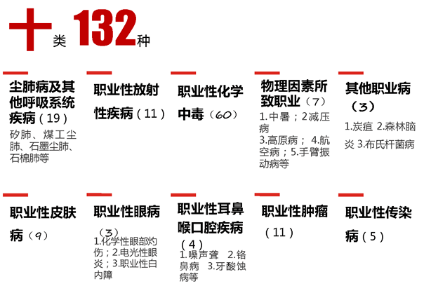 《职业病分类和目录(国卫疾控发〔2013〕48号)职业病共包括10类132