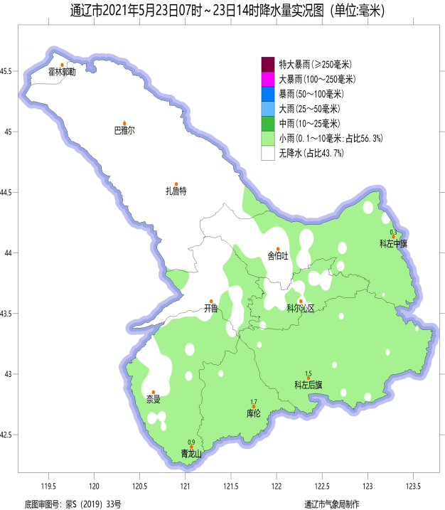 今天全市最大降水量出现在科左后旗双胜站