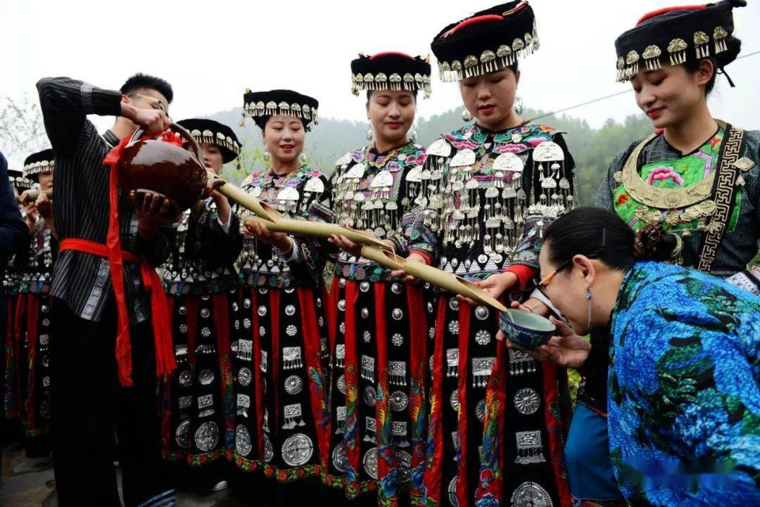 苗族儿女身着盛装用最隆重的敬酒仪式"高山流水"欢迎游客.