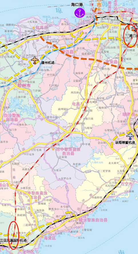 省综合交通规划示意图, 示意图对海南省未来几年的  铁路,公路,港口