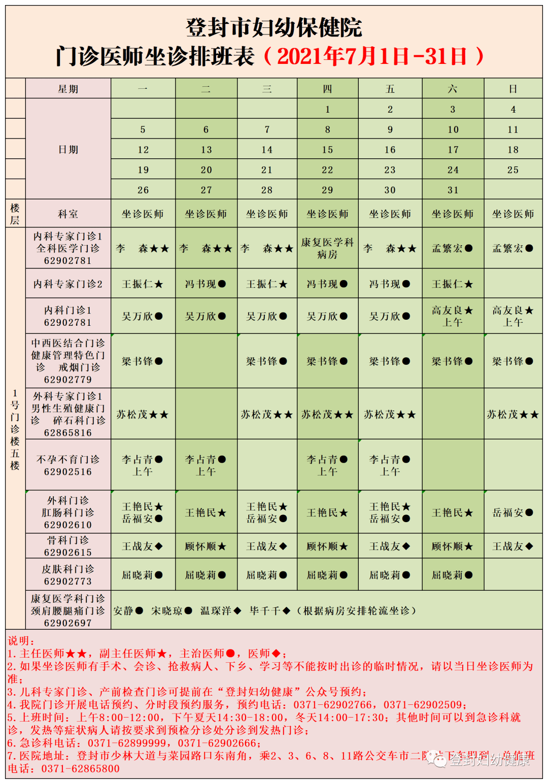 登封市妇幼保健院 2021年7月门诊医师坐诊时间公示
