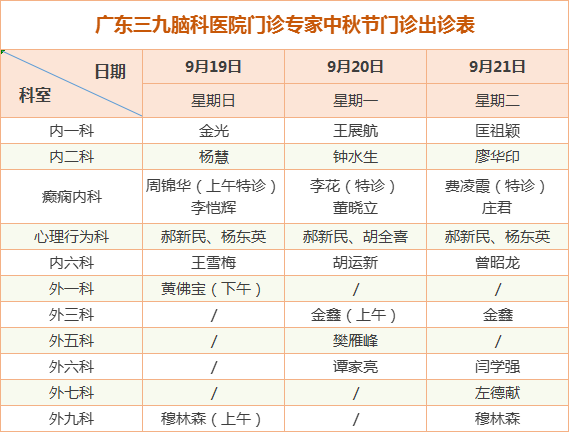 通知丨广东三九脑科医院中秋假期门诊安排