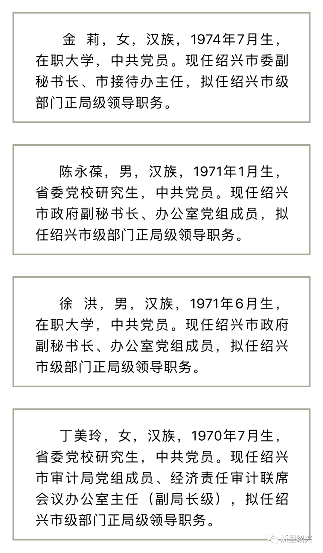 绍兴市拟提拔任用市管领导干部任前公示通告