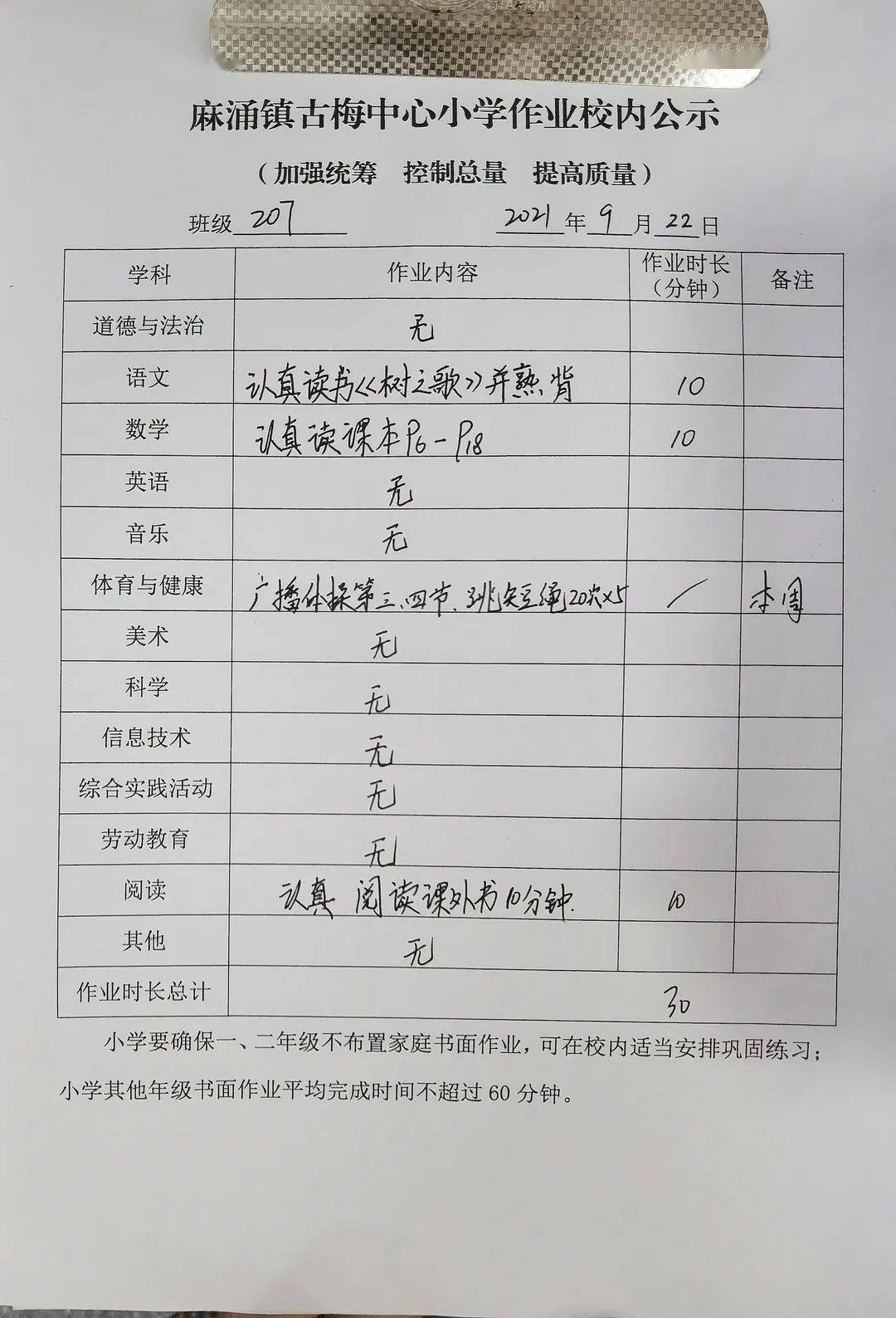 年级,班级作业公示栏全体教师对国家"双减"政策下作业"减负,增效