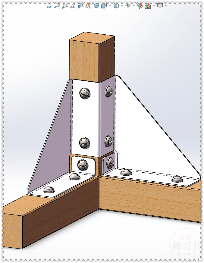 用solidworks画一个钣金角撑板,把三根方木固定在一起