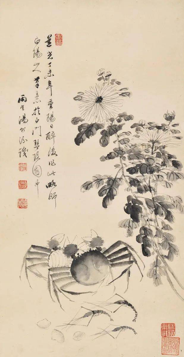 赏菊花,再斟一杯菊花饮,吹着凉爽秋风 ,欣赏国画名家笔下的重阳菊蟹图