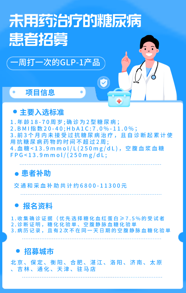 糖尿病临床试验招募:招募各个阶段的糖尿病患者!