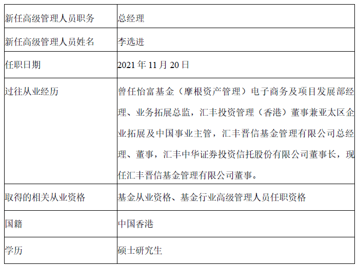 汇丰晋信基金换帅49岁李选进时隔9年再任总经理