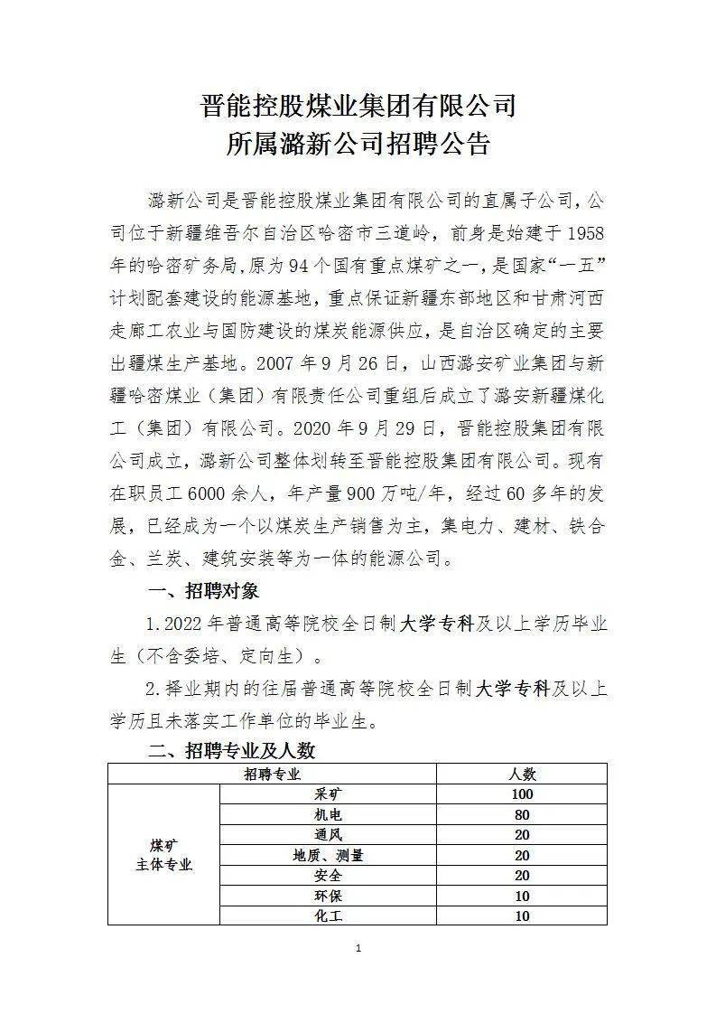 晋能控股煤业集团有限公司所属潞新公司公开招聘400名