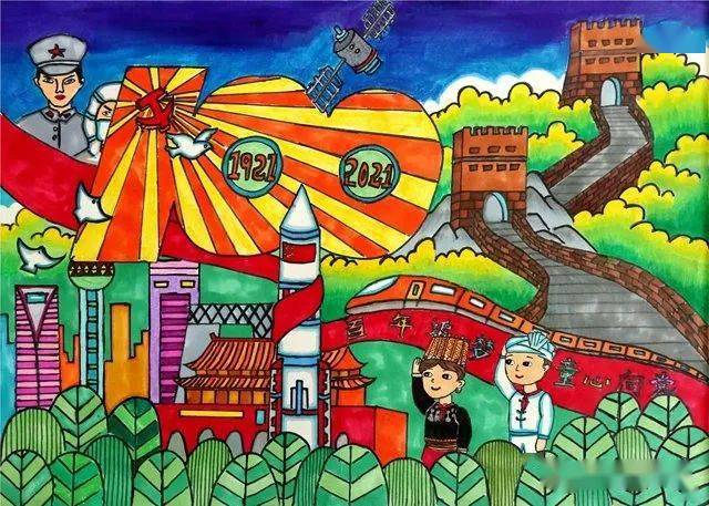 建党100周年绘画中学生,建党100周年中学生绘画 庆祝中国共产党建党100周年