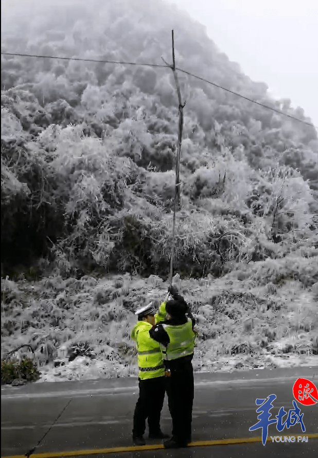 寒风中,韶关交警手举竹竿托起电缆线,当起"临时电线杆"_乐昌市_国道