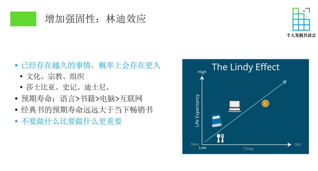 (共读会精读课截图)反过来,林迪效应的另一个妙用,就是不要做什么比做