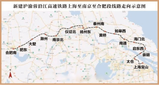 沪渝蓉高铁(北沿江高铁)上海至南京至合肥段线路走向示意图面对
