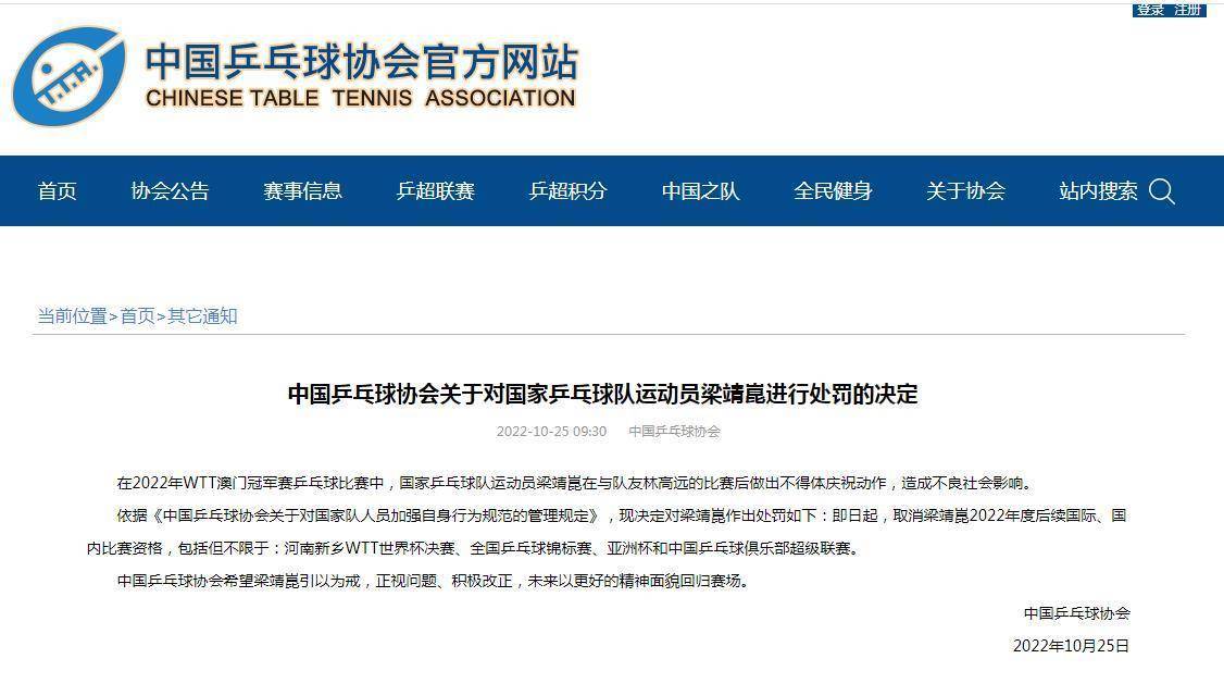 成都三代试管生殖中心（中国乒协：取消梁靖崑2022年度后续比赛资格）