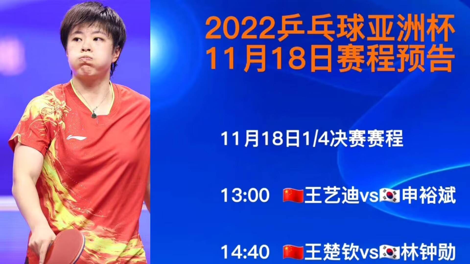 亚洲杯今日赛程！国乒王楚钦王艺迪结合抗韩，林高远践约张本智和