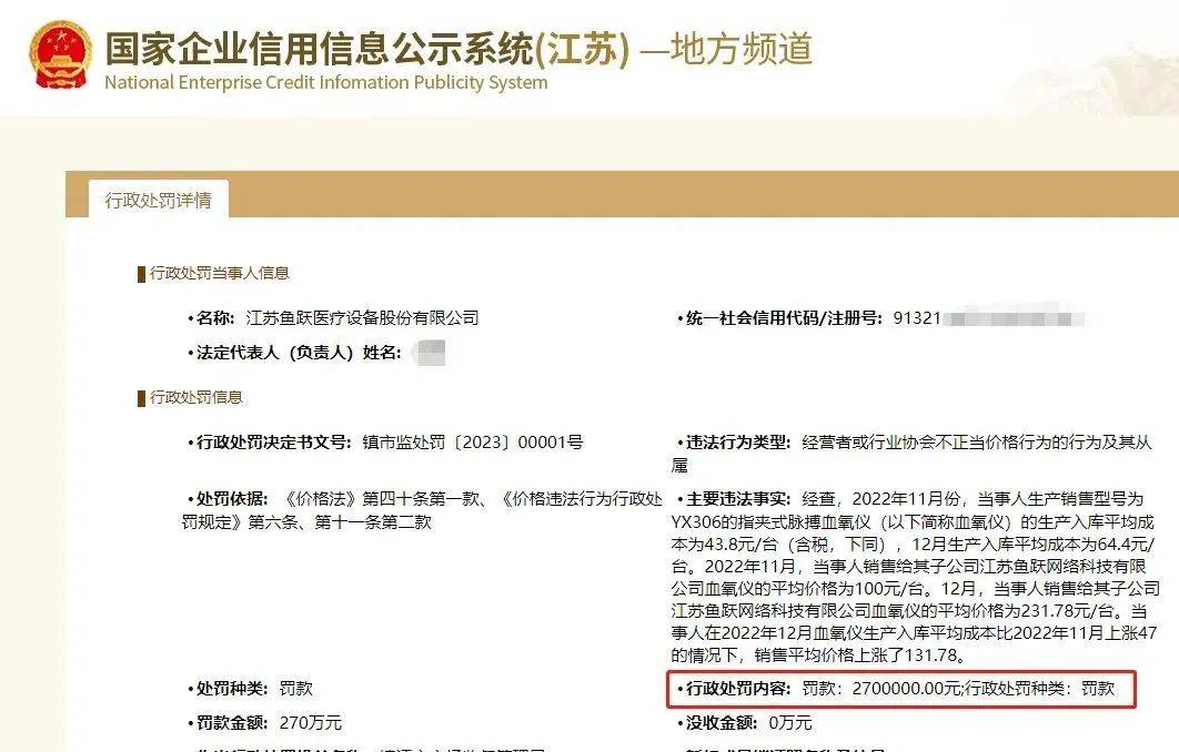 血氧仪售价暴涨131.78%，鱼跃医疗被罚270万！网友：退差价吗？