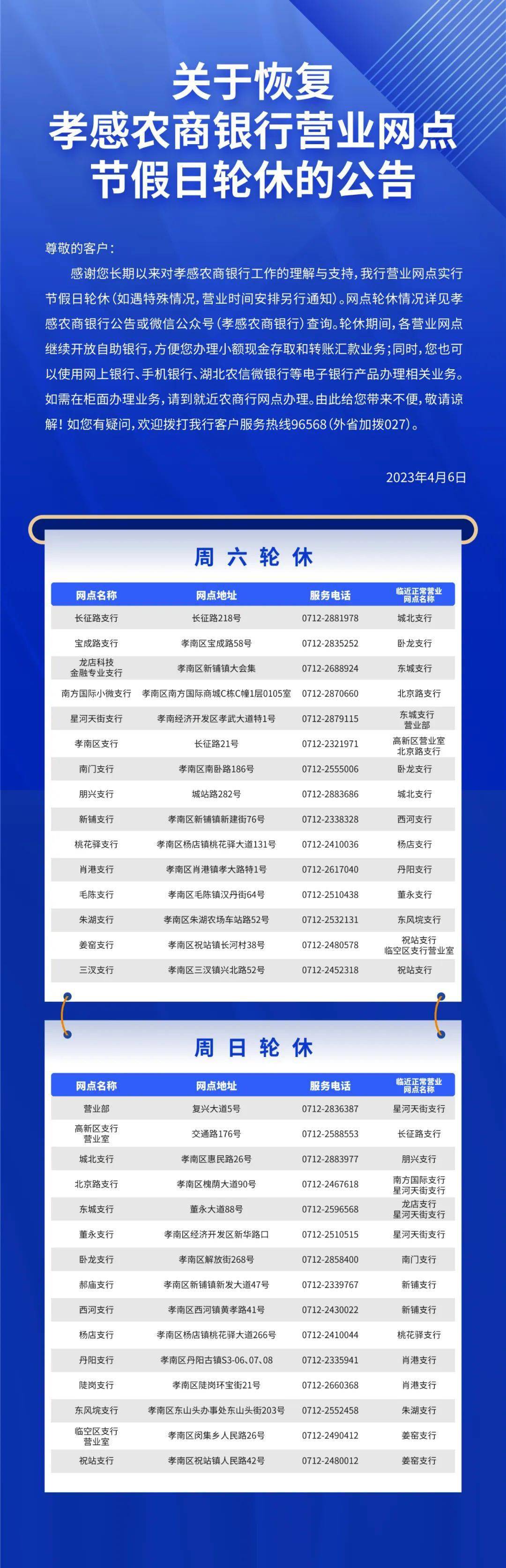 【重要公告】关于恢复孝感农商银行营业网点节假日轮休的公告