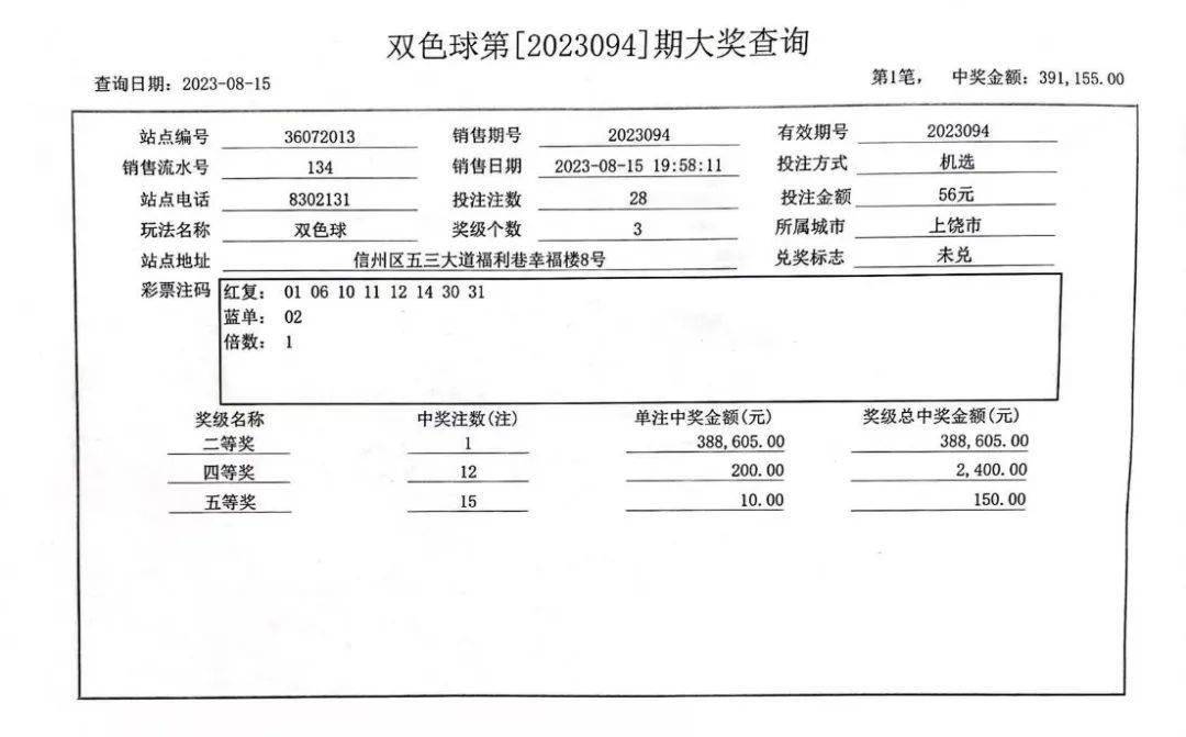 接好运~上饶彩民喜中双色七星彩投注与快3彩票平台推荐球二等奖1注！