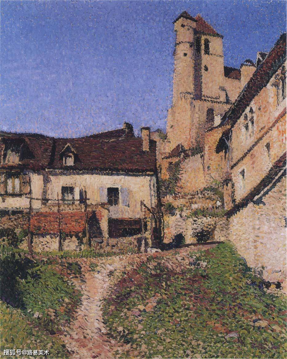 乡间风景点彩画:村庄的一角,阳光下的村庄-亨利·马丁|美术作品