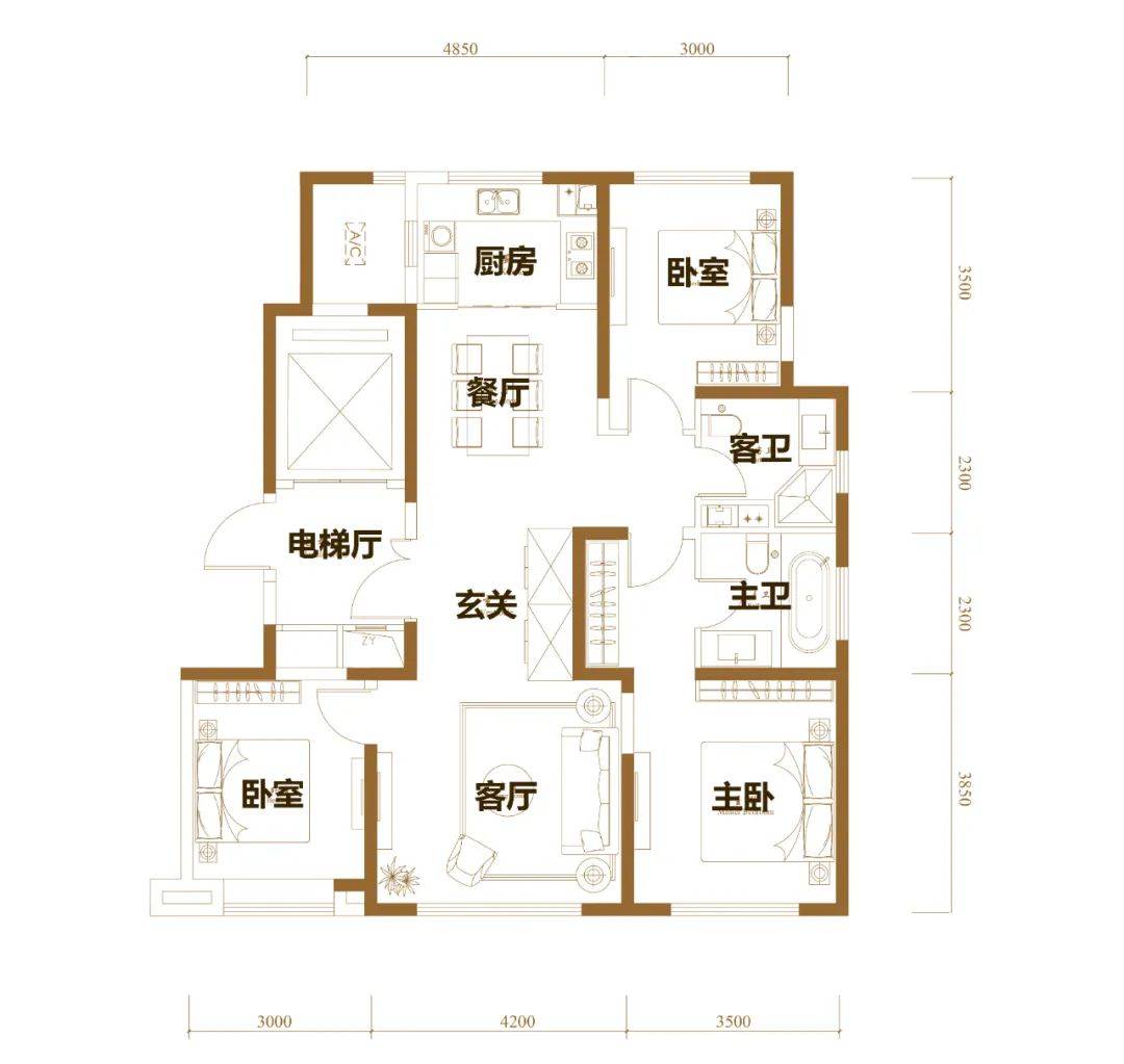 南开1911小高层129平米户型图由于业主可以独享电梯厅的空间,所以室内