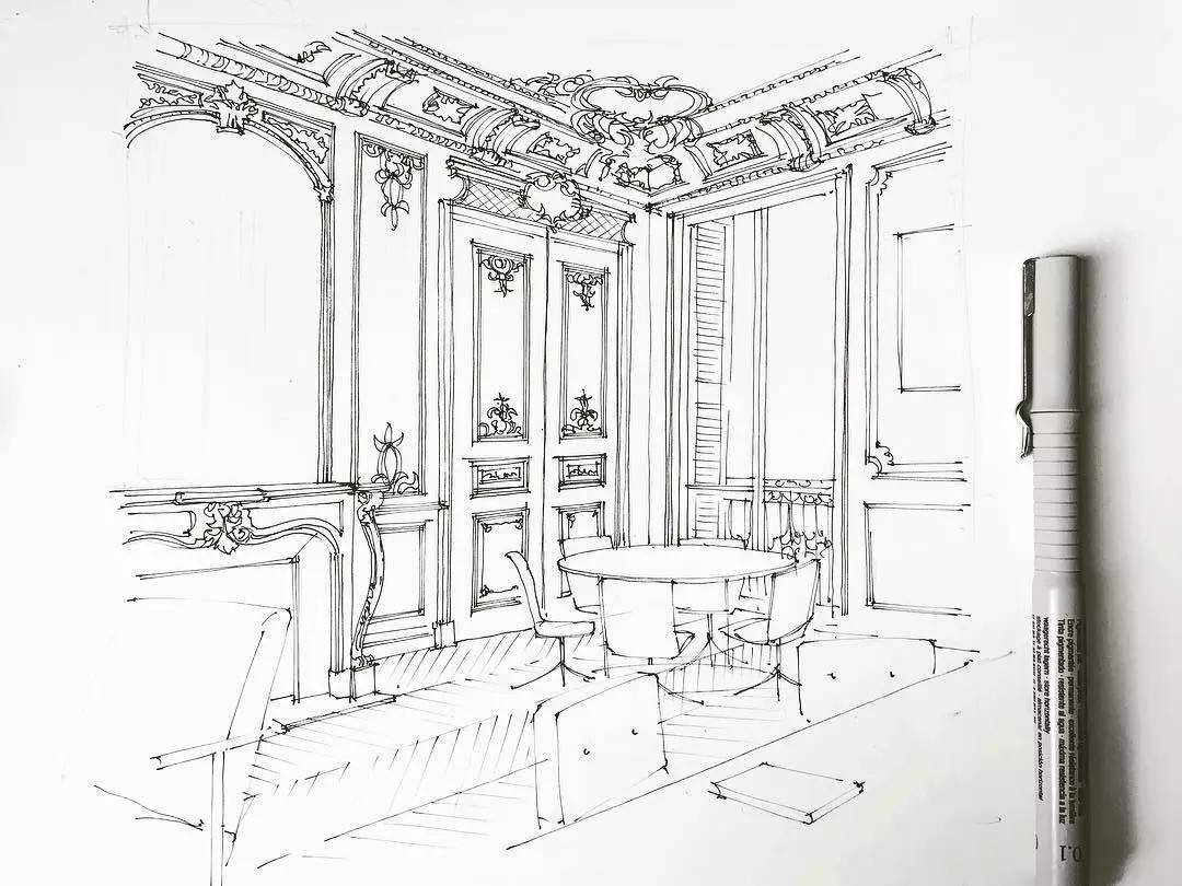 欧式风格室内手绘线稿!