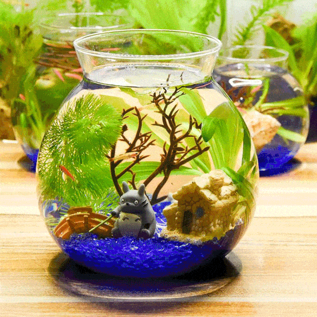 在当中来回穿梭自由自在的鱼群摆放在鱼缸中以及可爱的摆件细密的碎石