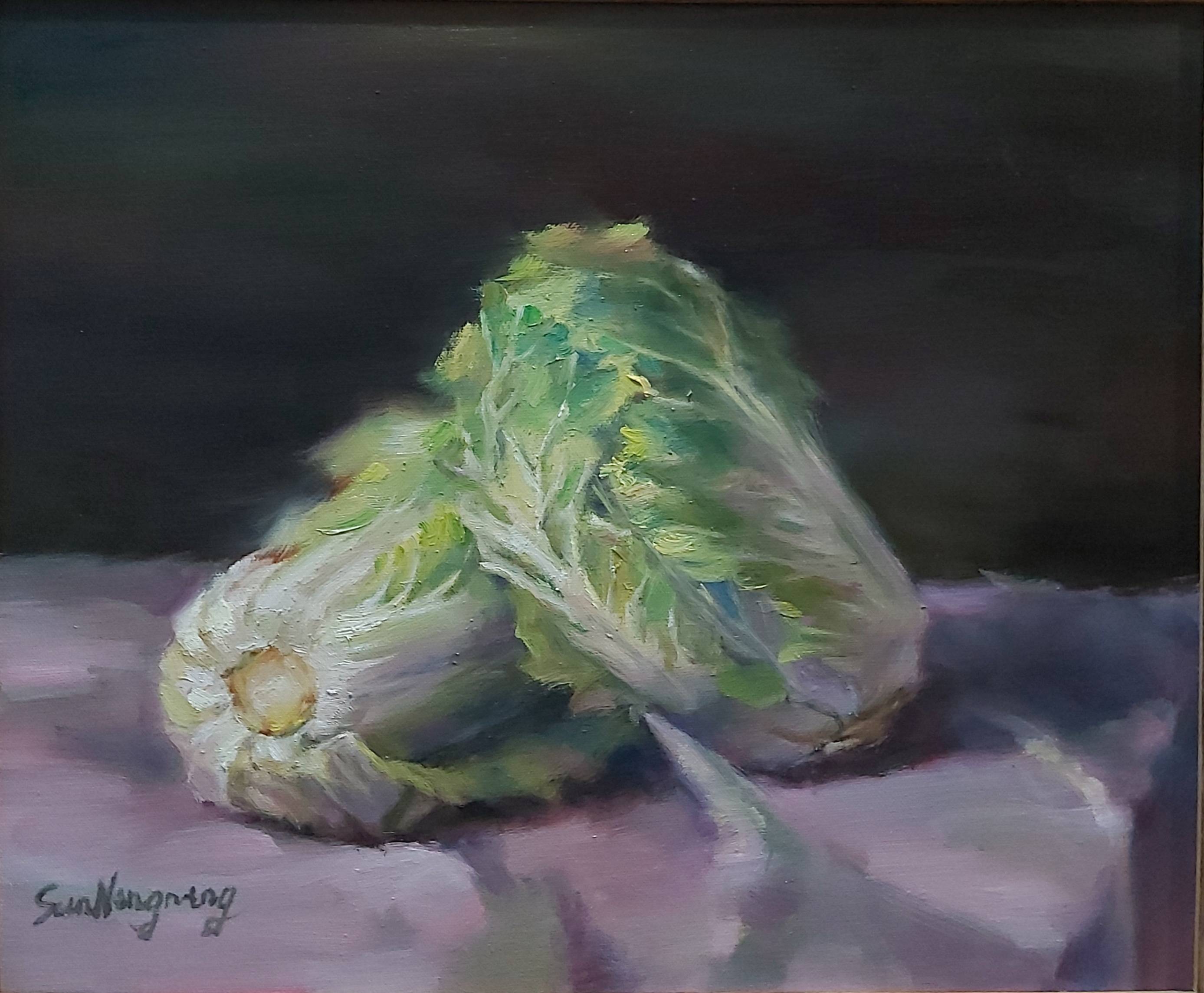 《白菜》雨露麻布面油画 孙宁宁《明湖晚秋》雨露麻布面油画 孙宁宁