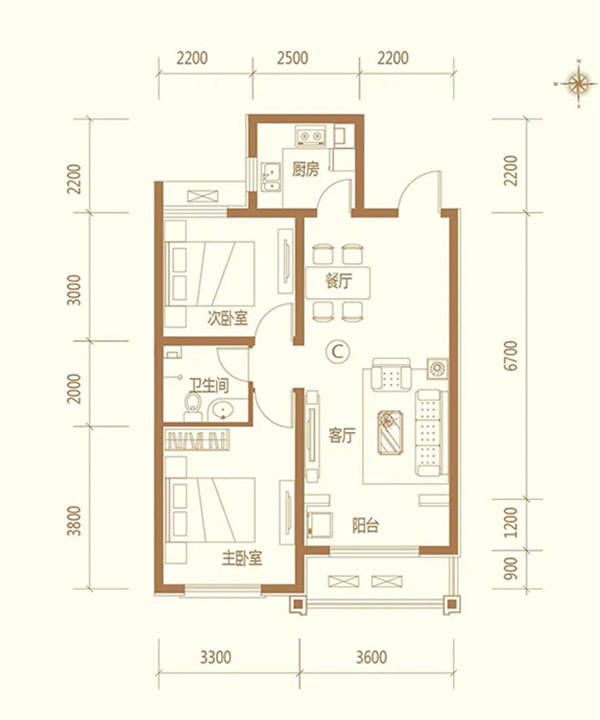 83.54㎡两室两厅一卫户型图