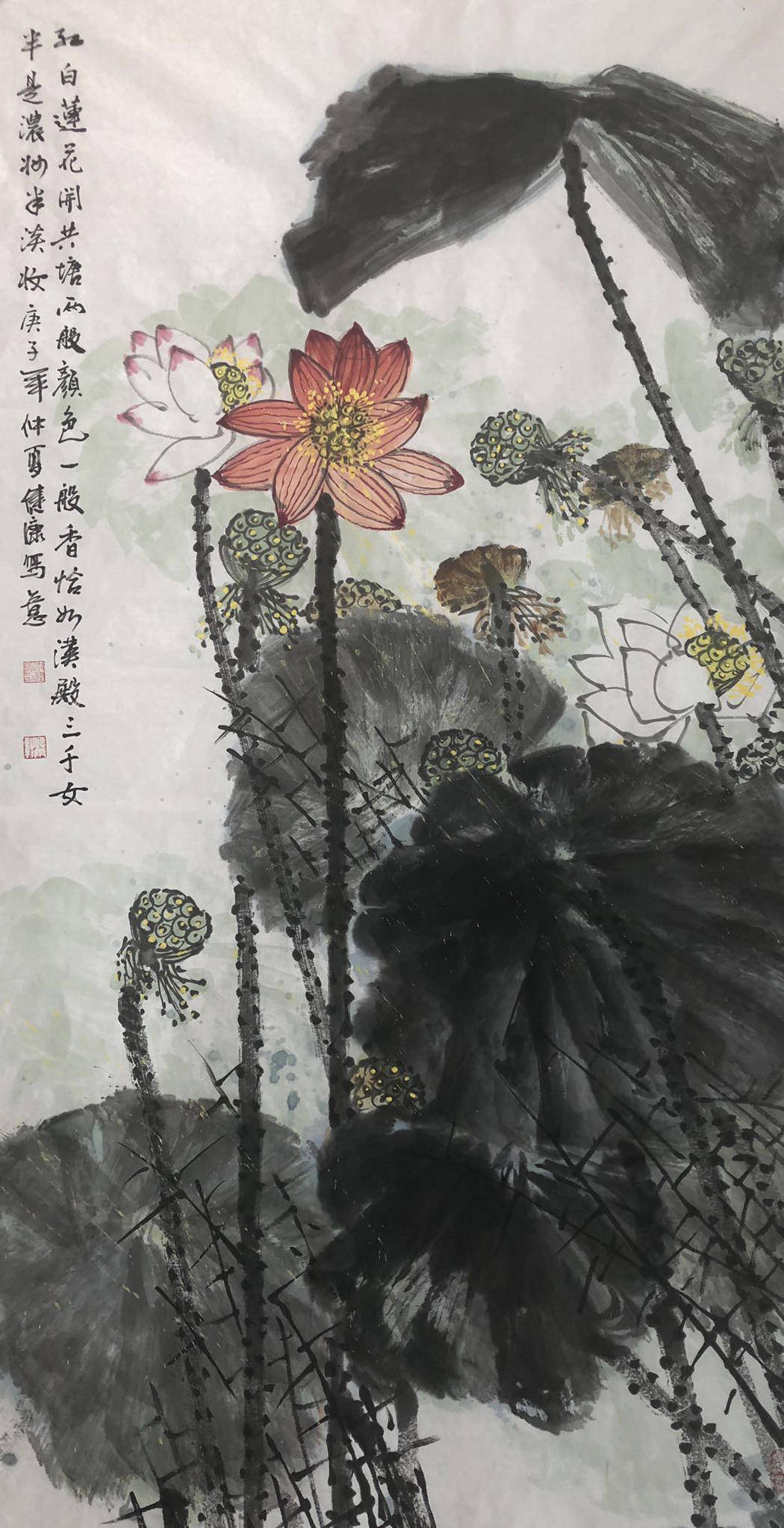 《红白莲花开》136x68cm《毕竟西湖六月天》136x68cm《入暑荷花盛红光