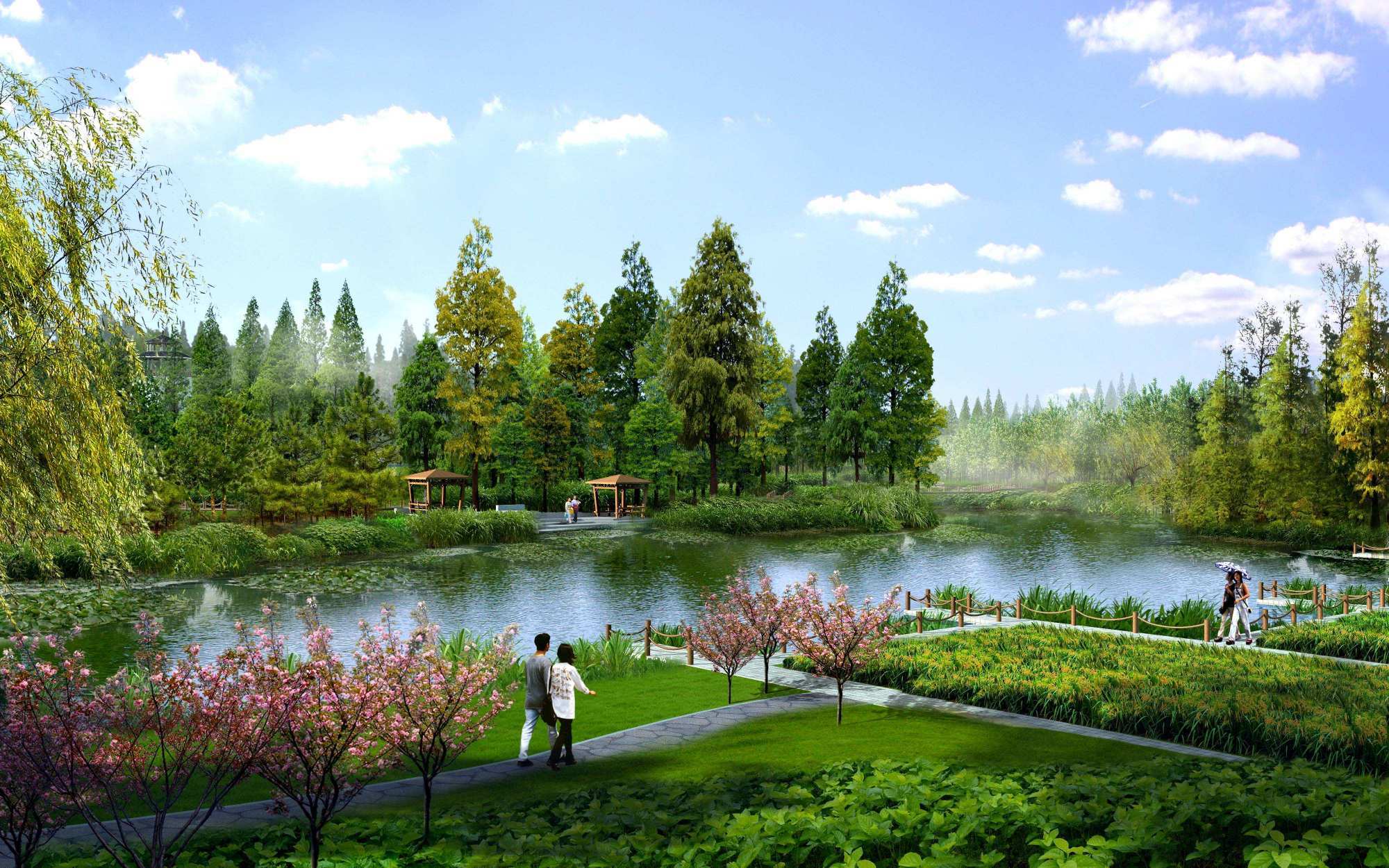 规划打造成为滨水湿地区,在西部利用河,边沟,绿岛等元素形成雨水花园