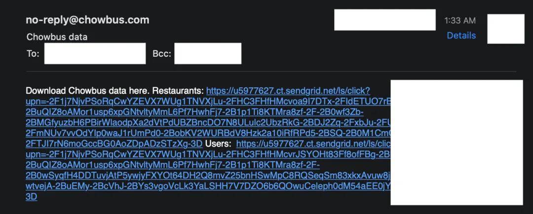 邮件的主题是 " chowbus 数据",正文里则写着"这