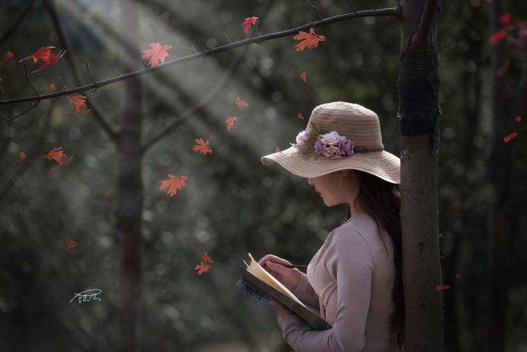 美女在枫叶里背景图片图片