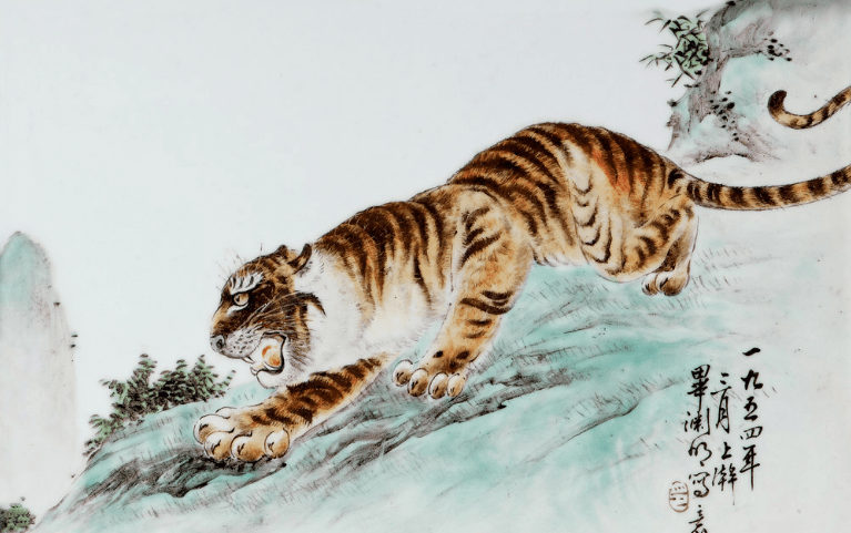 世人只知毕渊明画虎厉害毕渊明瓷板画老虎价格其实他画的禽鸟更是一绝