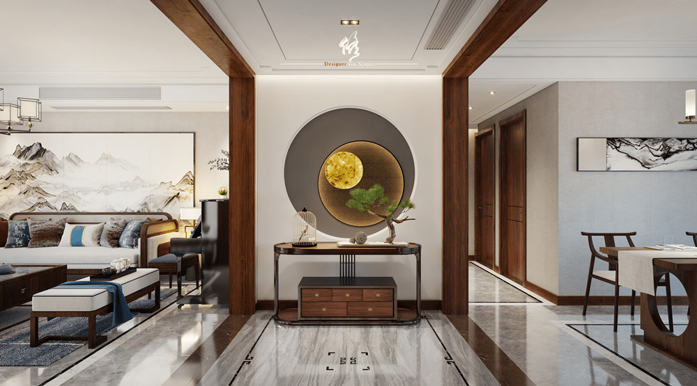 玄关采用传统中式透景对称的手法入手,但看似对称,即使并不对称.