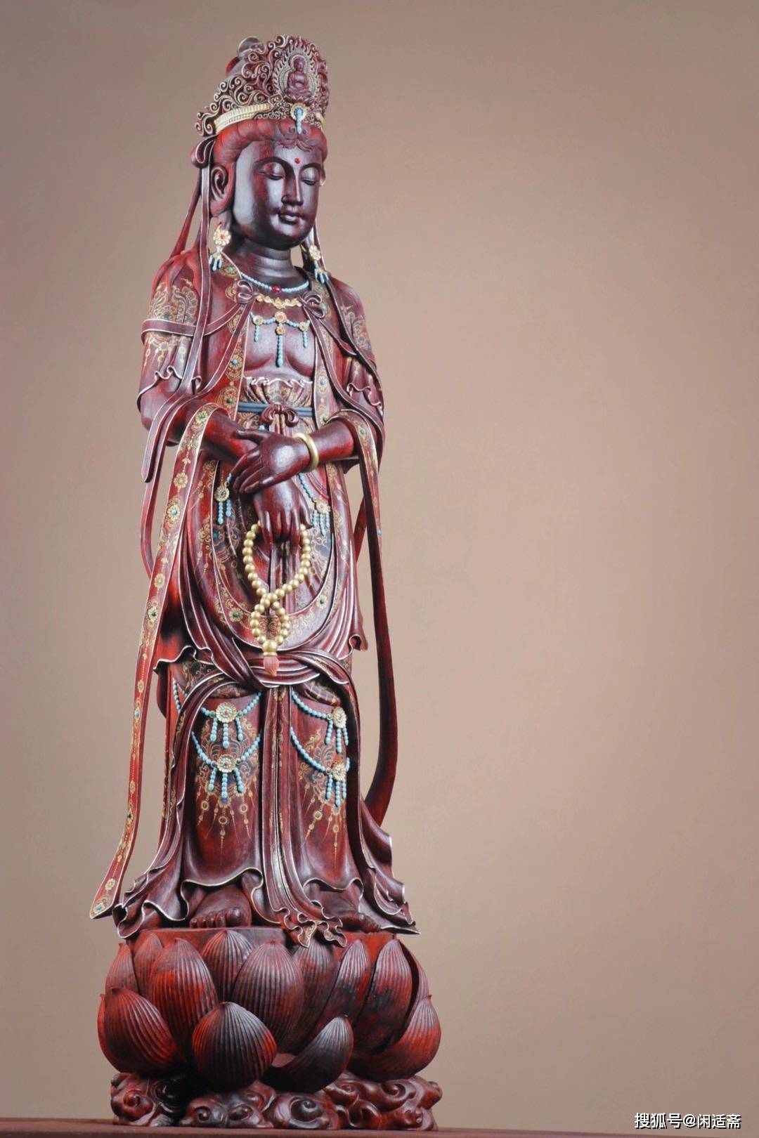 原创大足石刻数珠手观音印度小叶紫檀清刀手刻