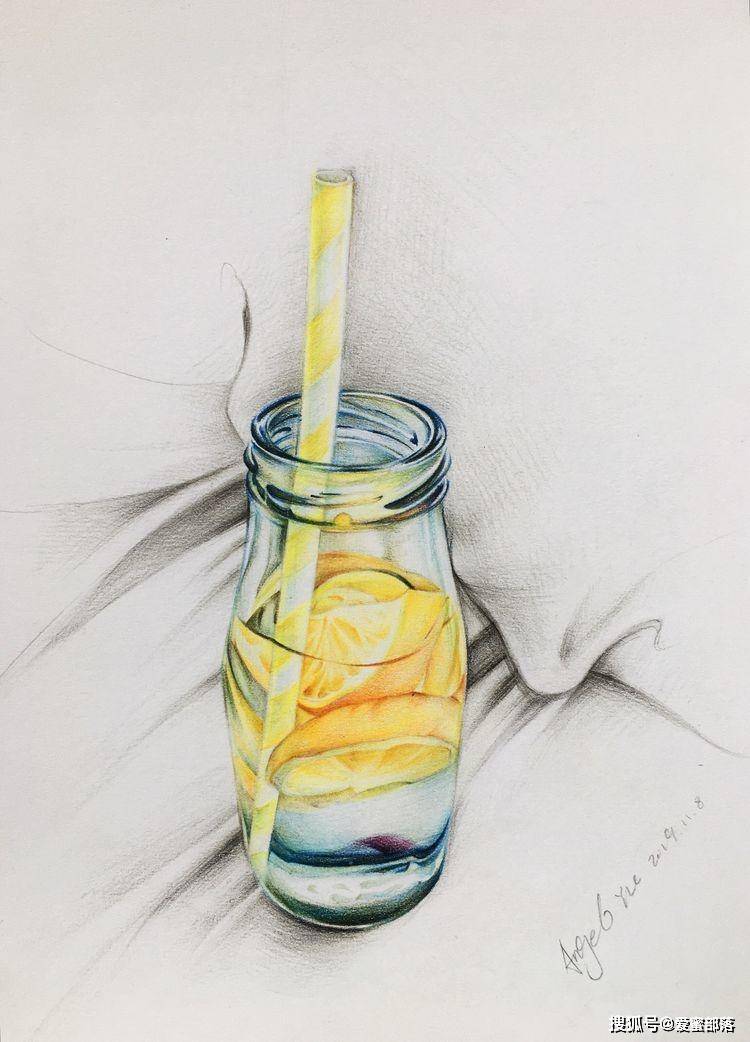 透明玻璃瓶怎么画?柠檬水,彩铅教程_色彩