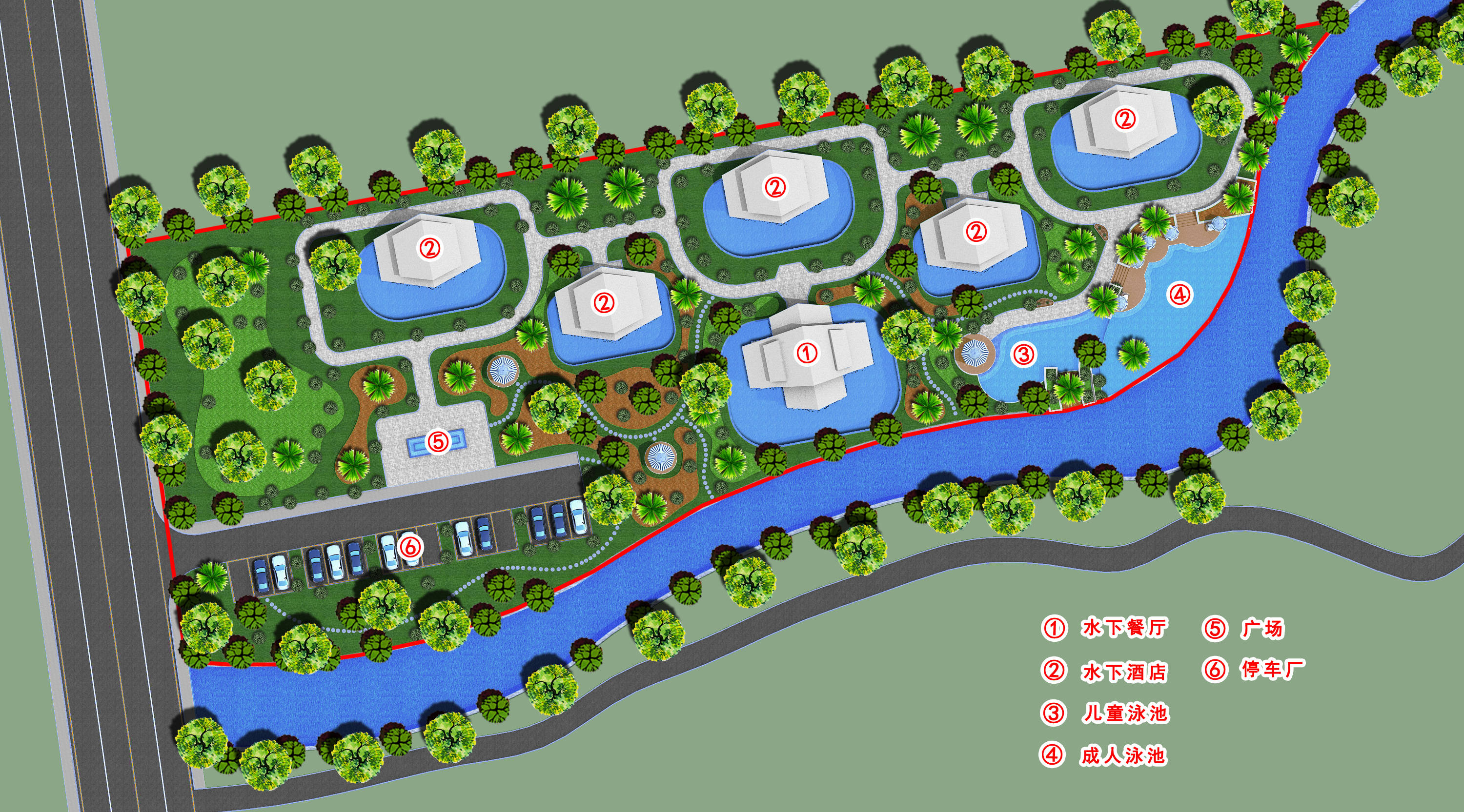 项目彩平图,含水景酒店五栋,水景餐厅一座,配套成人/儿童泳池与停车场