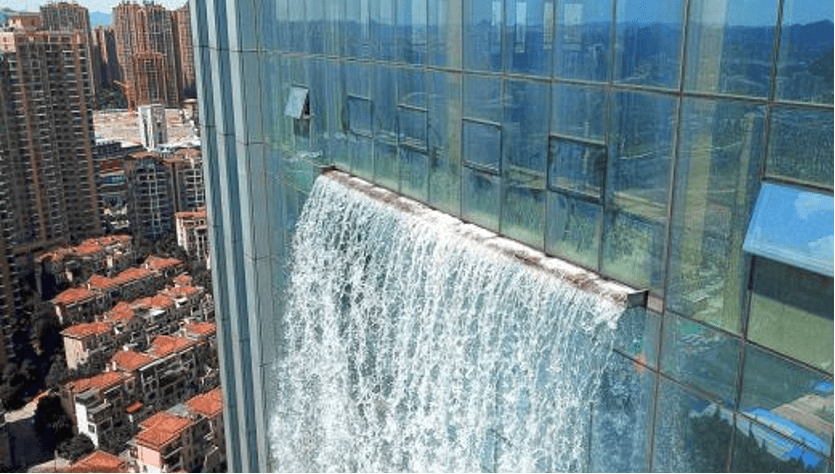 世界最高的人工瀑布，竟然建在大楼上，每小时耗费上千元