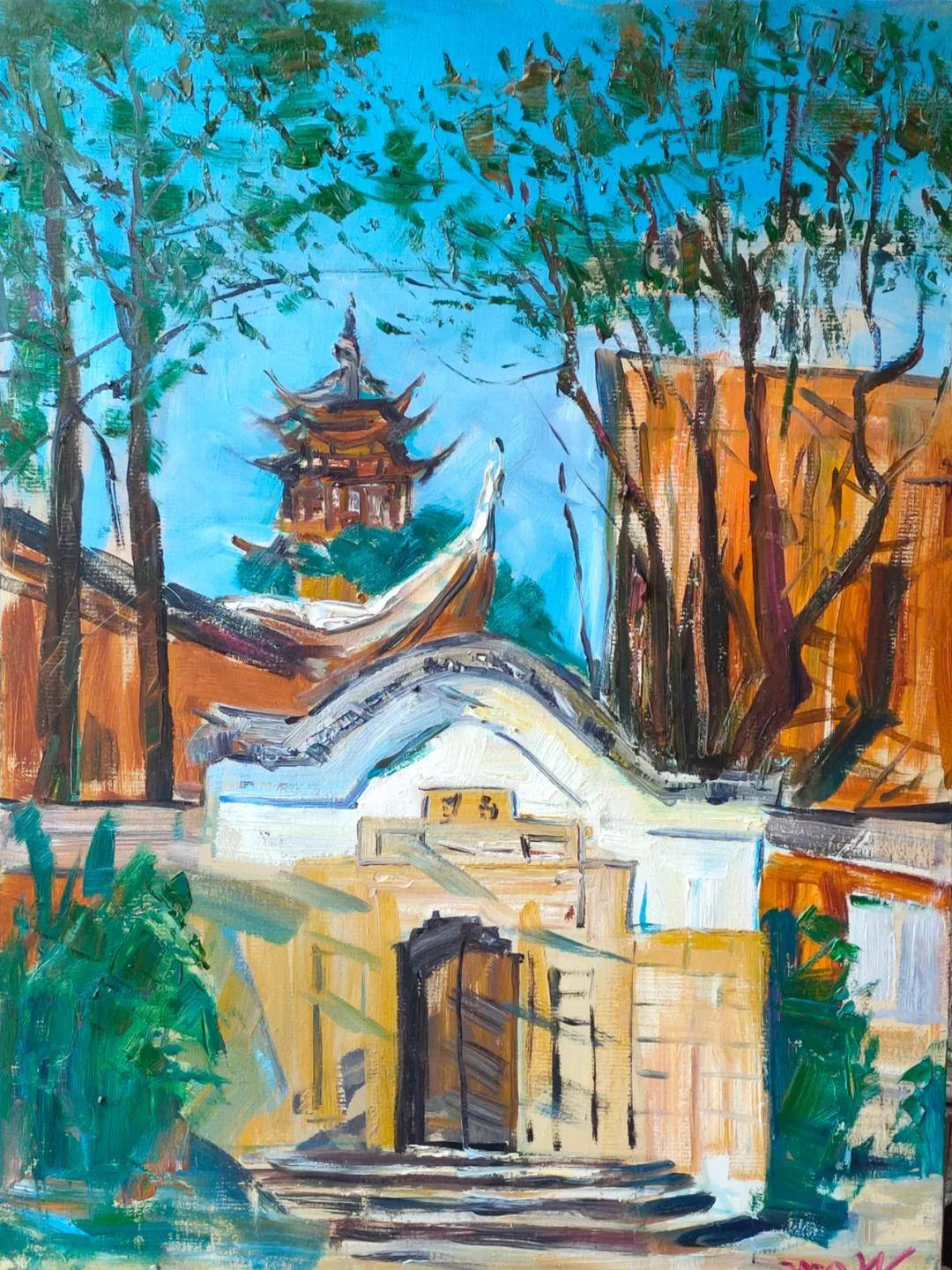 王嘉陵《夕照万象城》油画 80x60cm 邬华敏《熊猫馆》70×50㎝ 王新荣