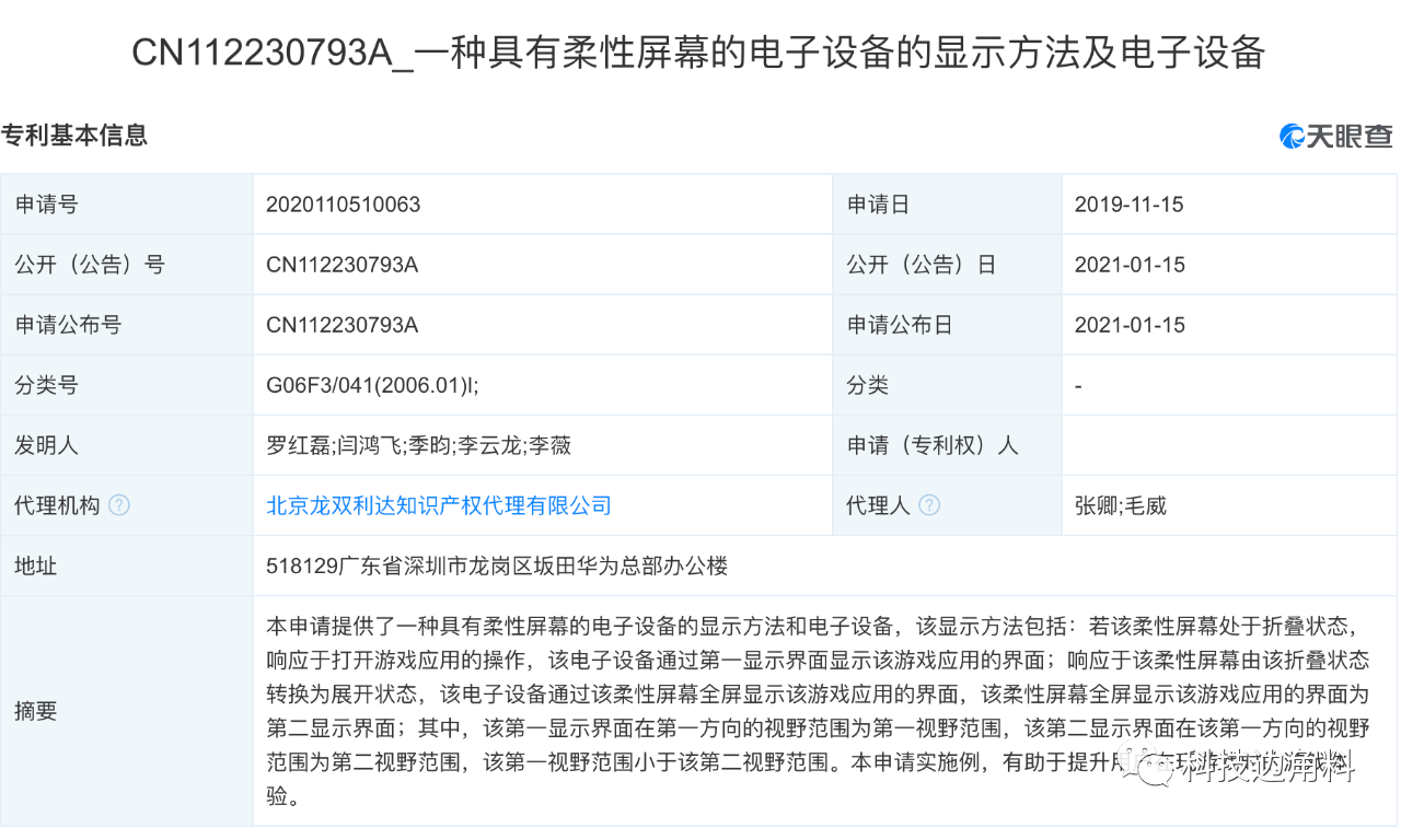 视野|华为公开柔性屏幕显示方法及电子设备专利