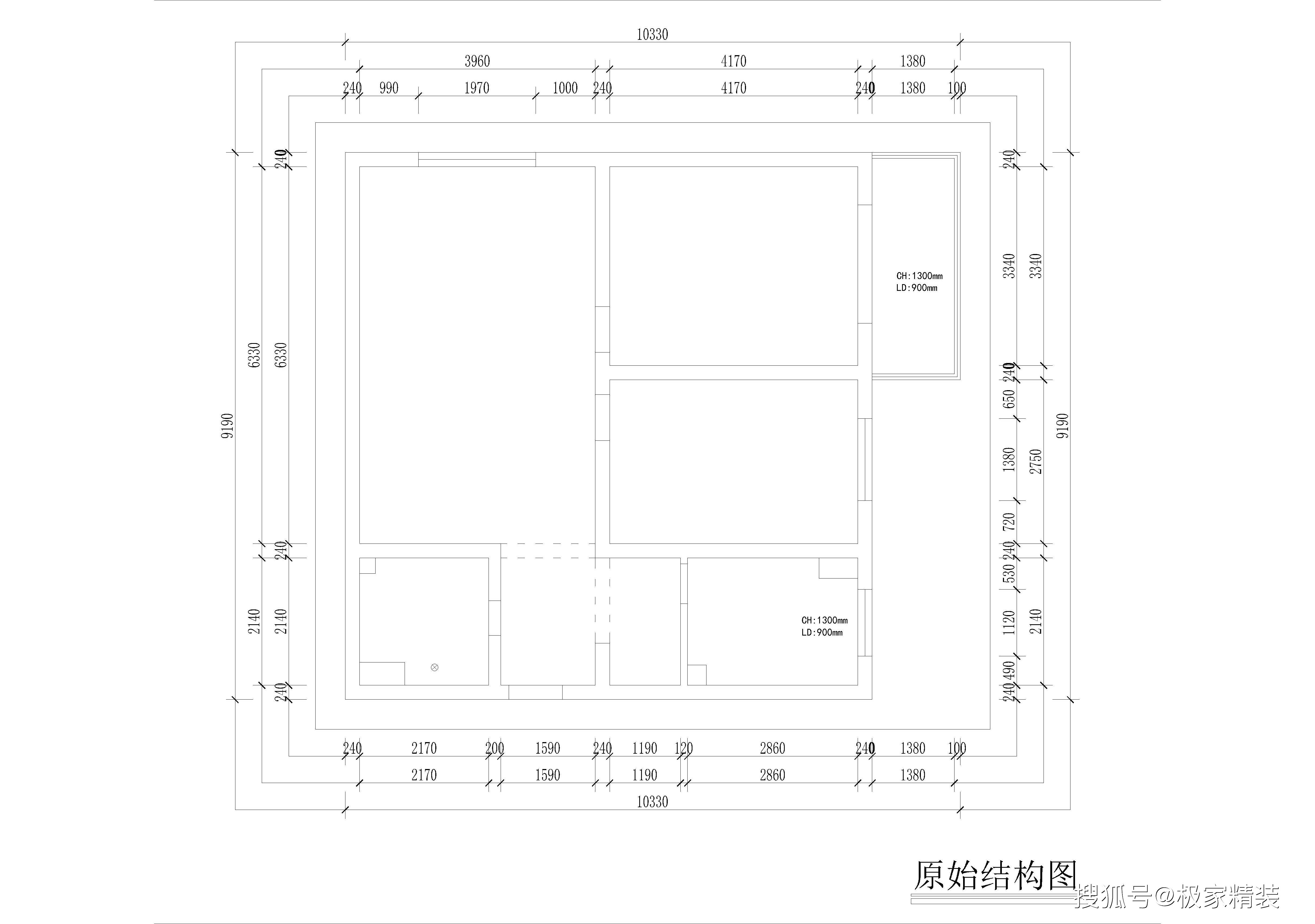 原始结构图 原房型方正保守,每个空间功能划分明显,南北通透,客户要求