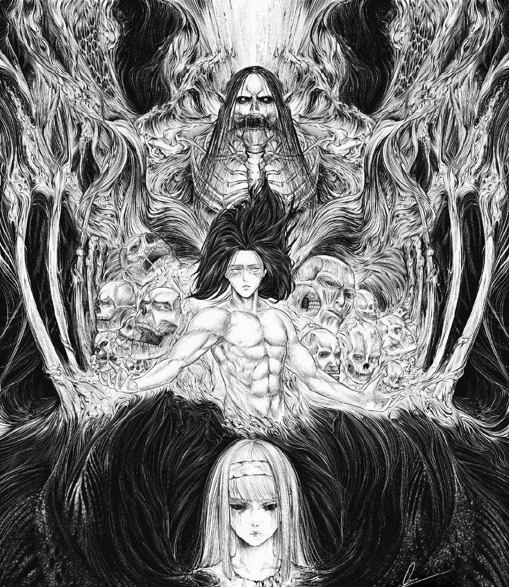 从图中的画面来看,画师将始祖巨人尤弥尔,艾伦,以及始祖巨人都融入了