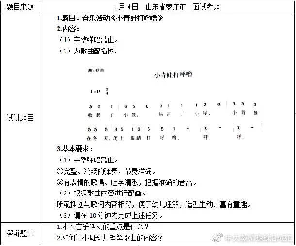 幼儿弹唱小青蛙打呼噜教师资格证面试真题模板