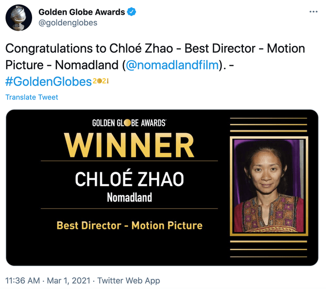 赵婷获金球奖最佳导演奖，宋丹丹发文祝贺继女：你是我们家的传奇