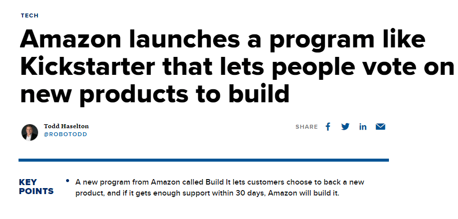亚马逊推出全新计划，帮新产品筹钱起步
