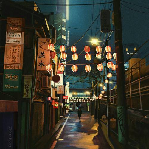 场景插画东京都的街边夜巷