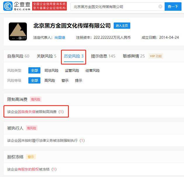 企查查：尚雯婕与旗下黑金传媒公司限消令解除